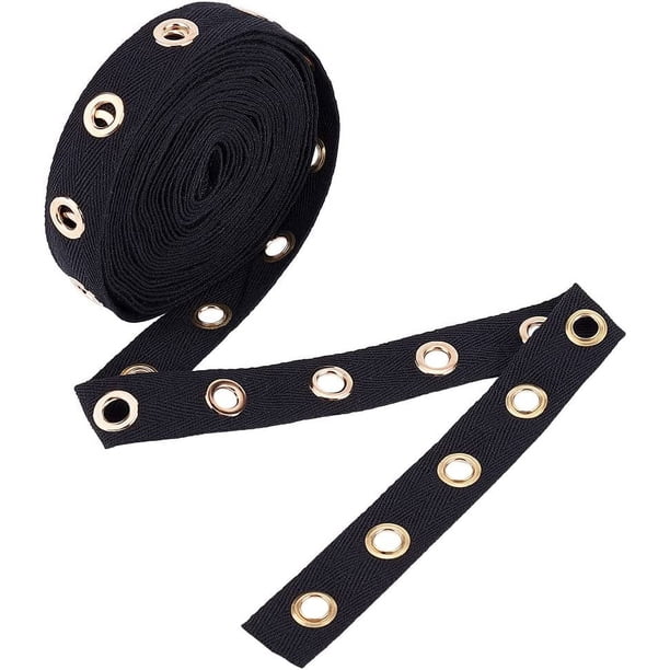6 yardas de cinta de sarga de algodón negro de 1 pulgada de ancho con ojales y anillos de ojal metálicos dorados de 8 mm para costura y manualidades.