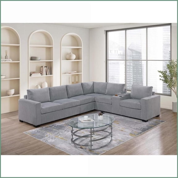 Modern Light Gray Corduroy 4-Piece L-Shaped Living Room Sectional with Console USB & Cup Holders