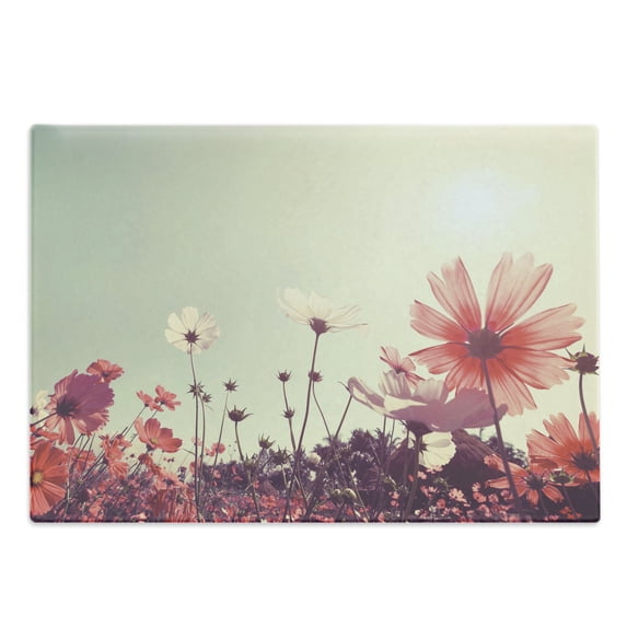 Floral Cutting Board, Flower Garden with Open Sky and Vintage Cosmos Plant Art Photo, Decorative Tempered Glass Cutting and Serving Board, Large Size, Sky Blue and Dark Coral, by Ambesonne