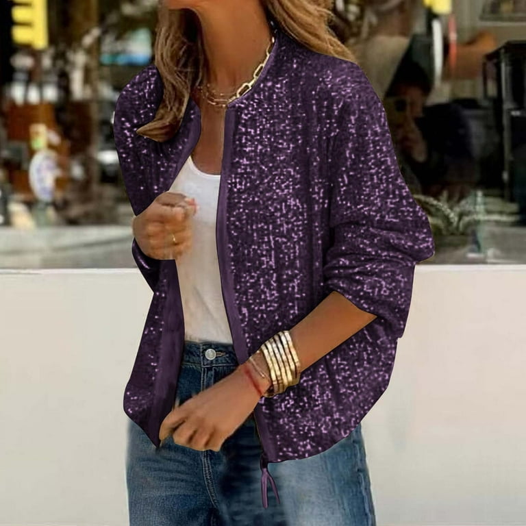 Blazer Coat Purple Sequin Jacket Womens Women Sparkle Blazer