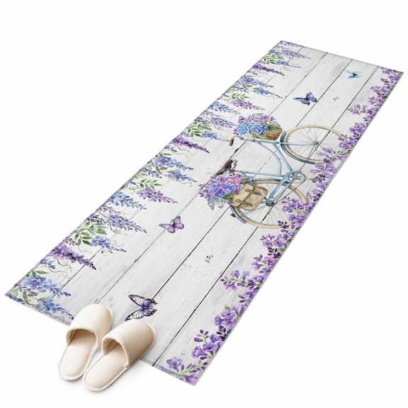Purple Floral Runner Rug 2'x6' Spring Flowers Bicycle Butterfly White Wood Grain Hallway Runner Rugs Washable Non-Slip Bedside Floor Mats Carpet for Kitchen Bedroom Laundry Room Bathroom