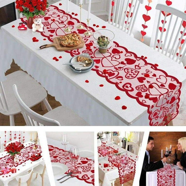 Mosoan Valentines Day Table Runner - Red, 13 x 72Inch - Lace Table Runner for Wedding Party, Valentines Decorations - Home Heart Table Runner