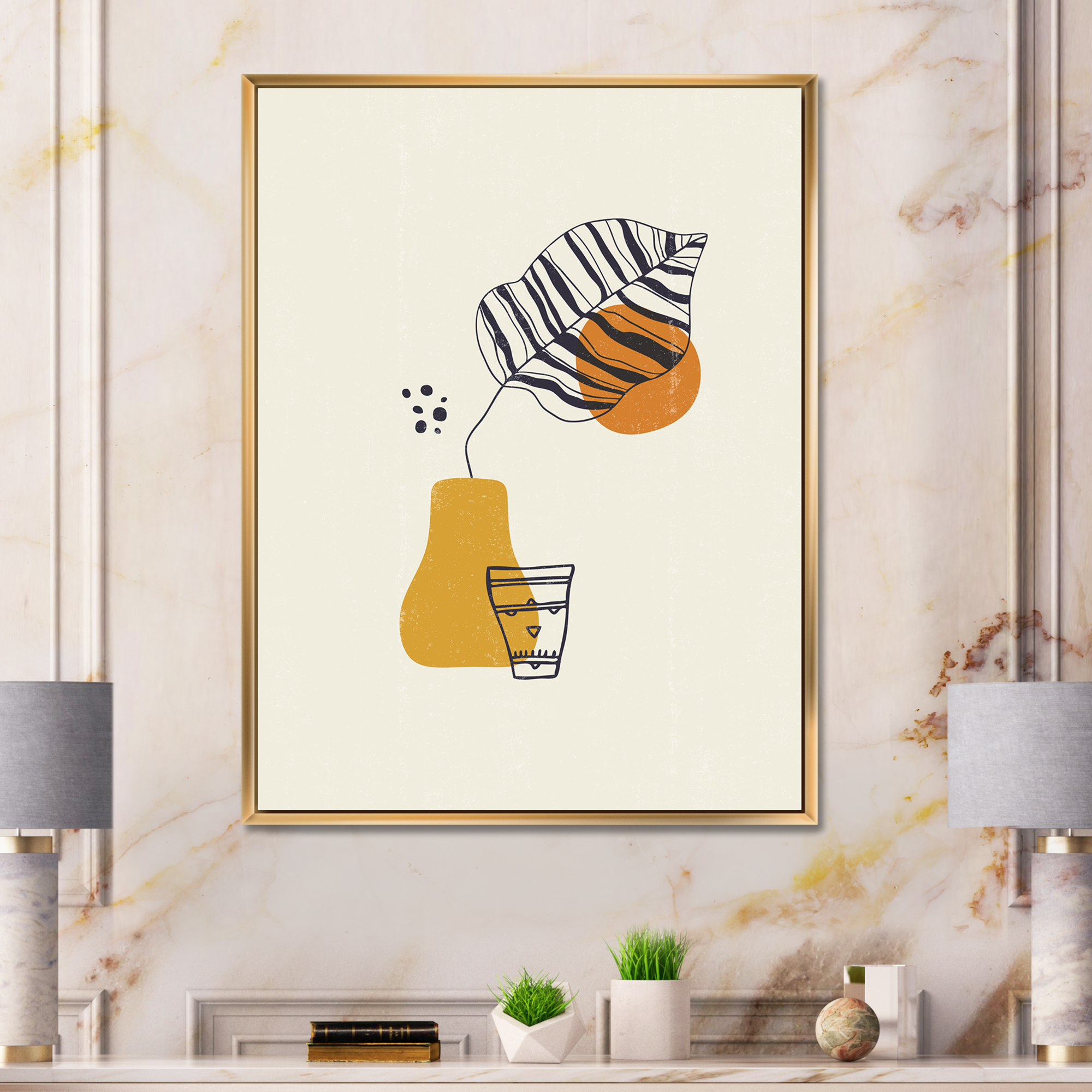 Designart 'Abstract Shapes Botanical Minimalist Leaf' Modern Framed Canvas Wall Art Print