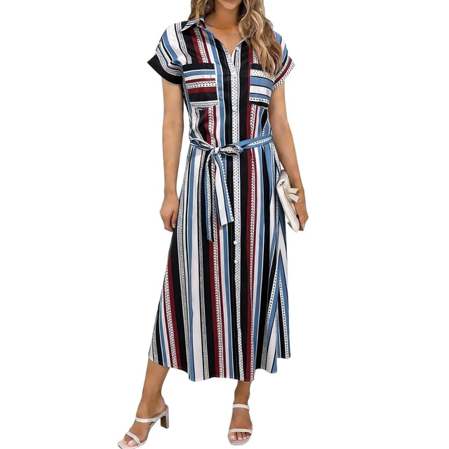 Robe de Travail Décontractée pour Femmes avec Ceinture à la Taille Chemise à Manches Courtes Col Robe Rayée