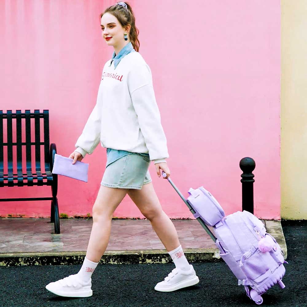 AGSDON Rolling Backpack for Girls Women, 21 inch Roller Wheels School Bookbag, Wheeled Suitcase Backpacks with Lunch Bag for Teen - Purple