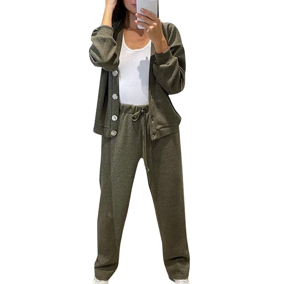 Women's Fall Casual 2-Piece Set Long Sleeve Cardigan & Wide Leg Pants Suit Army Green L