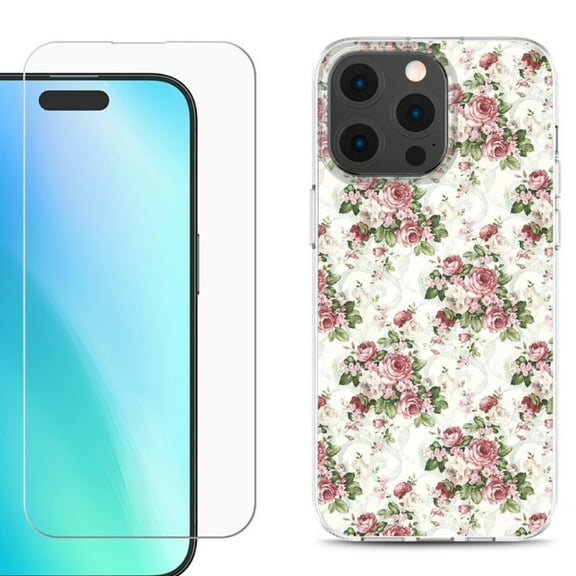 For iPhone 16 Pro Phone Case Cover, Shockproof Case with Tempered Glass Screen Protector, by OneToughShield - Floral/Rose