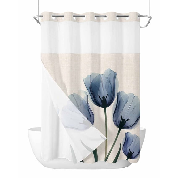 No Hook Shower Curtain with Snap-in Liner, Blue Tulip Waterproof Fabric Bathroom Curtains, Rustic Spring Floral Summer Botanical Bath Curtains & Mesh Top Window Stand Up Stall 72"x96" Extra Long