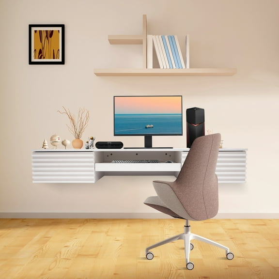 Wall Mounted Desk with Pull Out Drawer, Wall Organizer 60*15.5*9.5in For Homes, Offices, Entrances Modern White Wall Mounted Desk