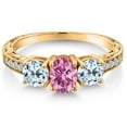 thumbnail image 3 of Gem Stone King 18K Yellow Gold Plated Silver 3-Stone Ring Oval Pink Moissanite and Topaz Sky Blue (2.42 Cttw, Size 7), 3 of 6