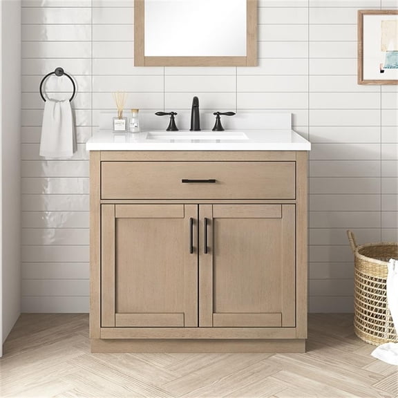Pemberly Row 36" Bathroom Vanity in Sahara Birch with White Countertop