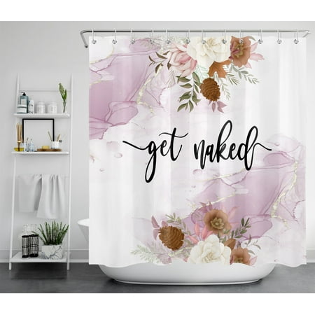 HVEST Get Naked Shower Curtain,Purple Abstract Marble and Watercolor Floral Shower Curtains with Hooks,Modern Art Polyester Waterproof for Bathroom Decor Accessories,72x78 Inch