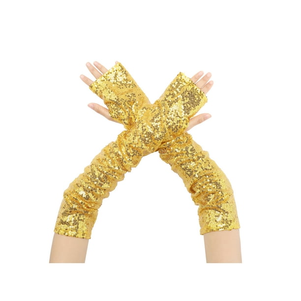 INSPIRAR CHIC Guantes de brazo sin dedos extra largos con lentejuelas brillantes para fiesta en dorado, talla única