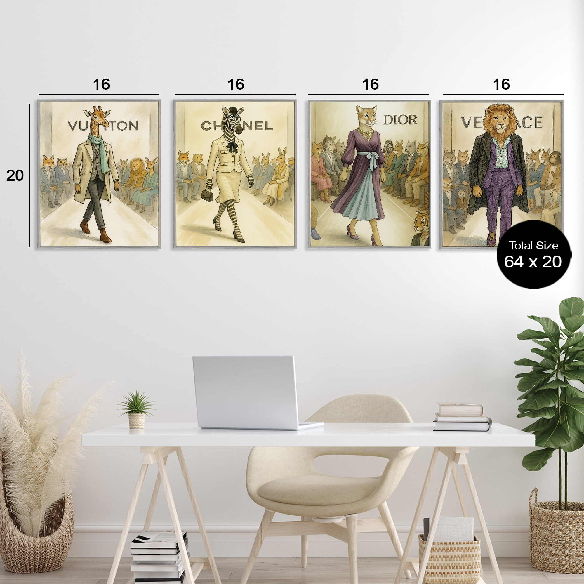 Stupell Industries Fashion Runway Animals 4 Piece Gray Framed Giclee Art Set, design by Grotto Studios