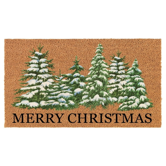 Welcome Doormat Coco Coir Door Mat Gift Merry Christmas Snowy Christmas Trees White (24" x 16")