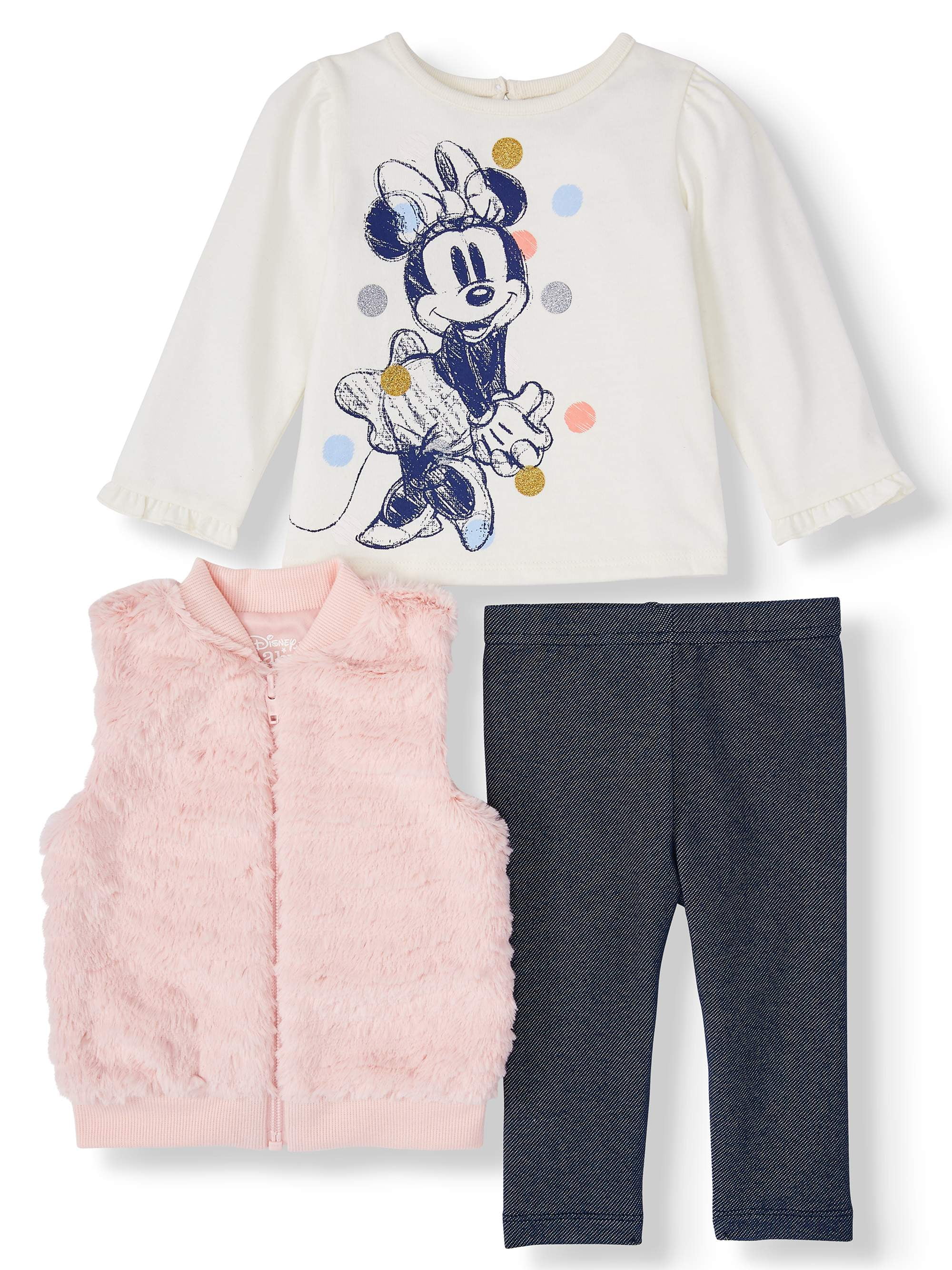 Disney Minnie Mouse Baby Girl Fur Vest, Jersey Top, and Legging, 3pc