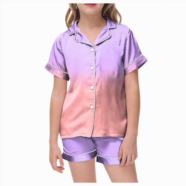 Gubotare Girls Pajamas Short Set Girls Ruffle Short Sleeve Button Front Top with Ruffle Short, 2-Piece Pajama Set 4T 5T (C,4-5 Years)