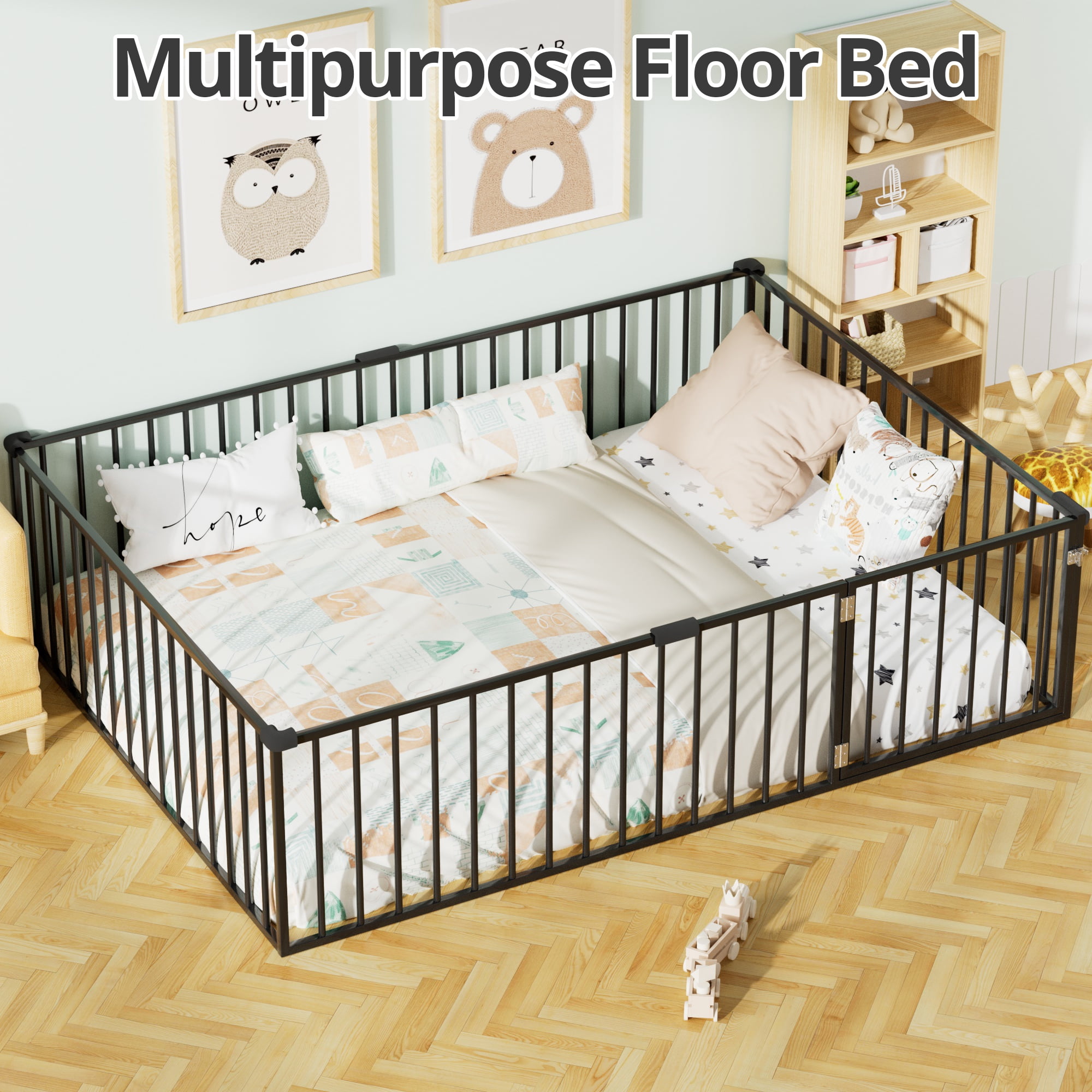 Full Size Montessori Floor Bed, Heavy Duty Metal Floor Bed Frame with Safety Fence and Door, Montessori Floor Bed Frame for Boys and Girls, Black