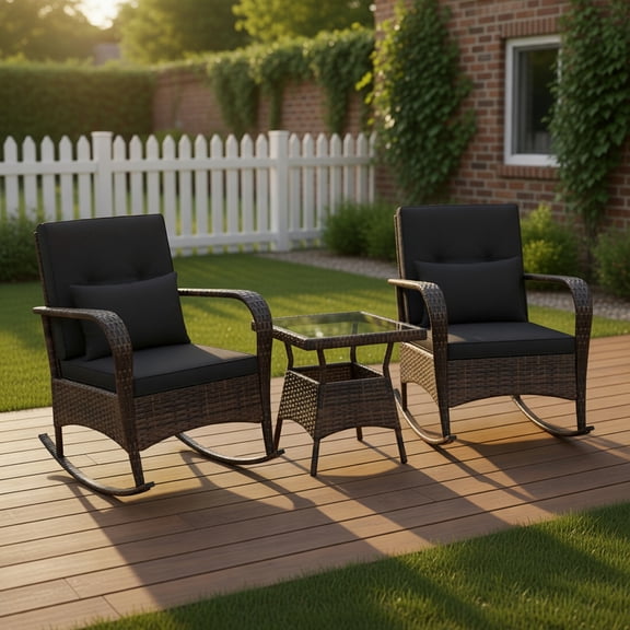 Yardi Yard 3 Pieces Outdoor Rocking Set, Patio Conversation Set with Tempered Glass Coffee Table for Outdoor as Yard, Black