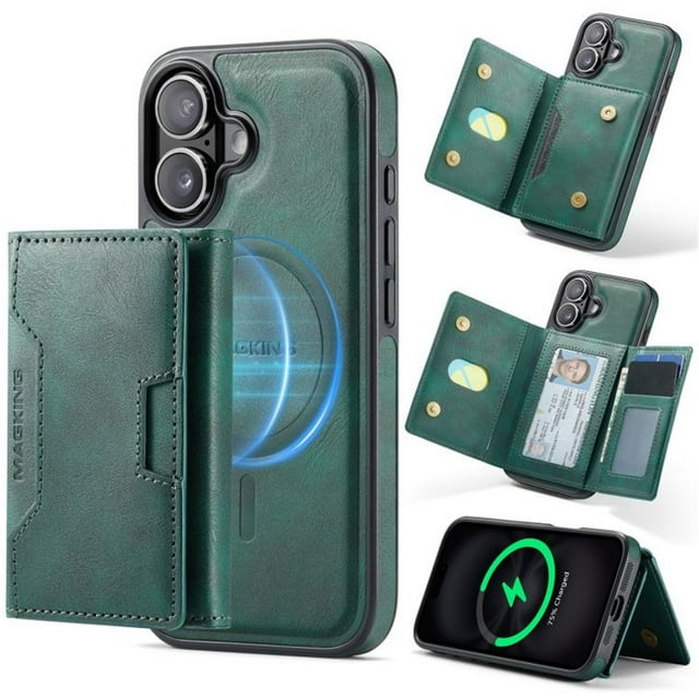 Case For IPhone 16 Funda Protectora RFID de 6,1" con Ranuras para 7 Tarjetas Magsafe, Soporte 2 en 1, Funda Protectora de Cuero Desmontable a Prueba de Golpes, Verde, For IPhone 16
