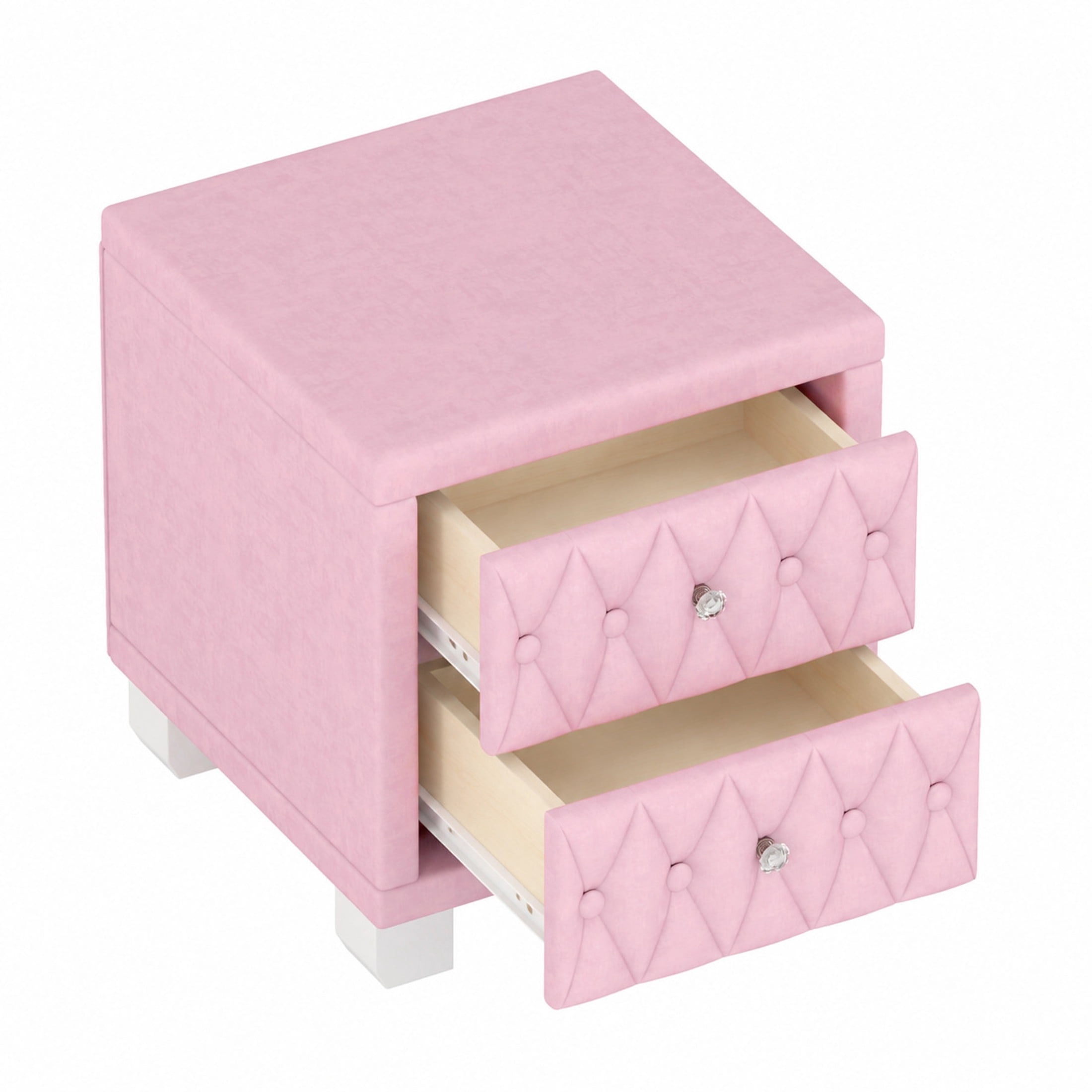 GDF Studio Alley Elegant Velvet 2-Drawer Nightstand with Crystal Handles, Button-Tufted Storage Bedside Table, Pink