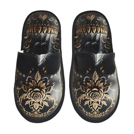 Balery Gold Pattern Black Skull Slient Indoor Furry Fleece Comfort House Shoes Soft Non-Slip Home Shoes Cotton slippers House Slippers-- Large