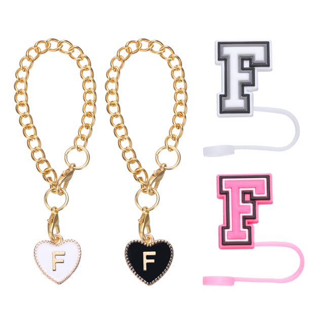 Accesorios de encanto de letra en forma de corazón de 2 piezas con tapa de paja de 8 mm para taza de tumbler (Letra F)