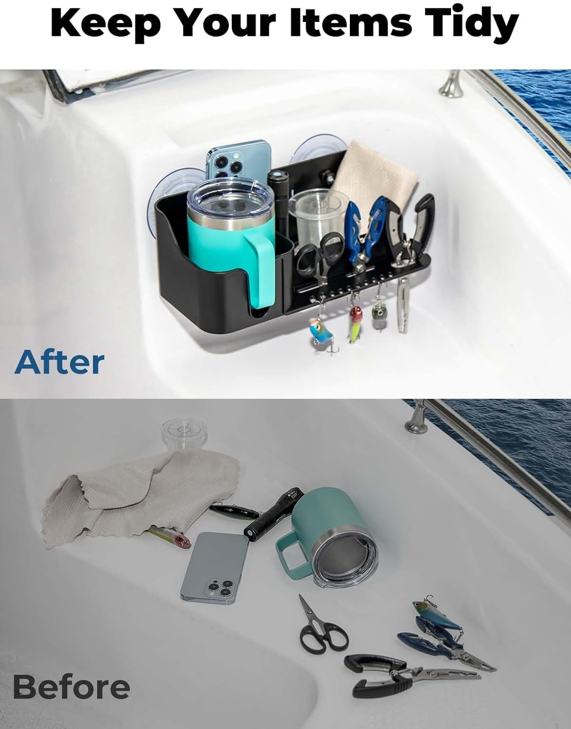 KEMIMOTO Boat Caddy Organizer, Boat Cup Holder Installed with Screws/Suction Cups On Any Flat Surface, Boat Storage Organizer, Cockpit Storage Box for Bass Boat Kayak Pontoon Jon Boat