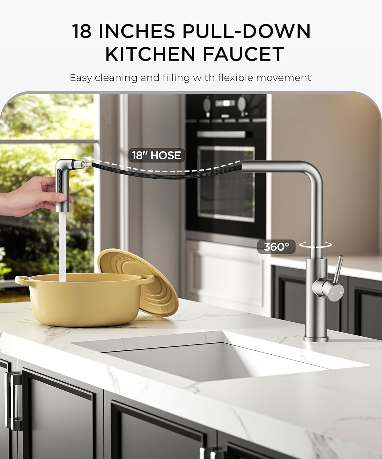 Waterfall Kitchen Faucet with Pull Down Sprayer, 5 Spout Modes Brushed Nickel Stainless Steel Single Handle 360° Swivel Classic Kitchen Sink Faucet with Deck Plate for 1 or 3 Hole for Bar Rv