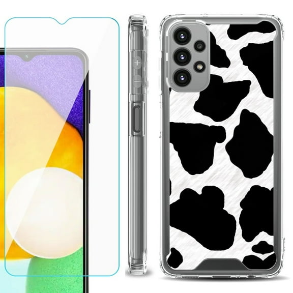 Shockproof Bumper Phone Case for Samsung Galaxy A23 5G, with Tempered Glass Screen Protector, by OneToughShield ® - Cow Skin Design