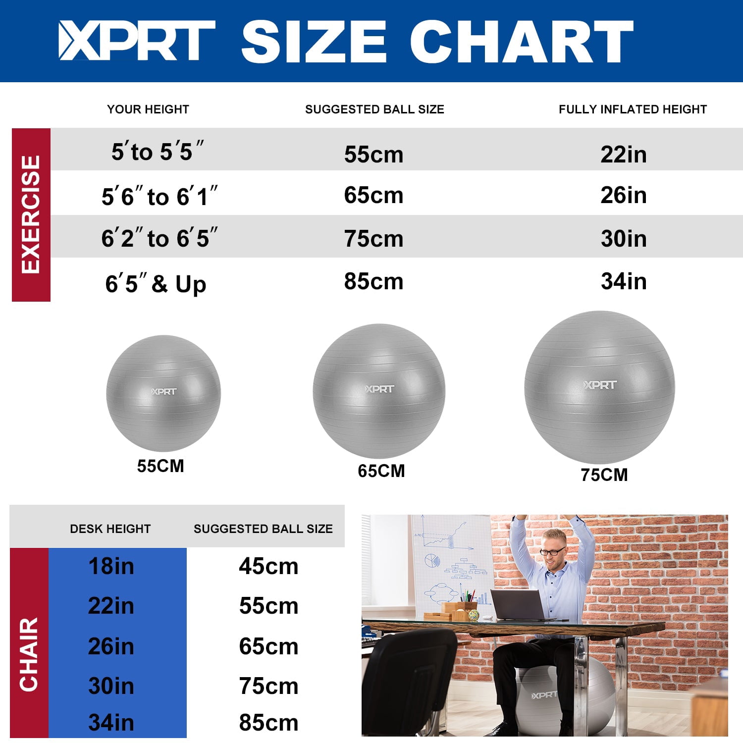 XPRT Fitness 65 cm Silver Gray Exercise Ball, Anti-Burst Yoga Stability Ball with Foot Pump for Core Strength, Posture & Back Relief