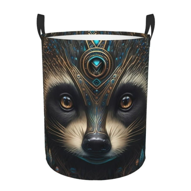 Fotbe Tribal Style Raccoon Cesto de Ropa con Asas, Cesto Impermeable de Gran Capacidad, Bolsa de Lavado para Dormitorio, Cesto de Ropa con Ruedas y Asas-Medium