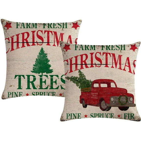2Pack Christmas Throw Pillow Cushion Covers 18x18 Inch Farm Fresh Xmas Tree with Red Truck Home Decorative Square Pillowcases Set of 2 for Christmas Decor
