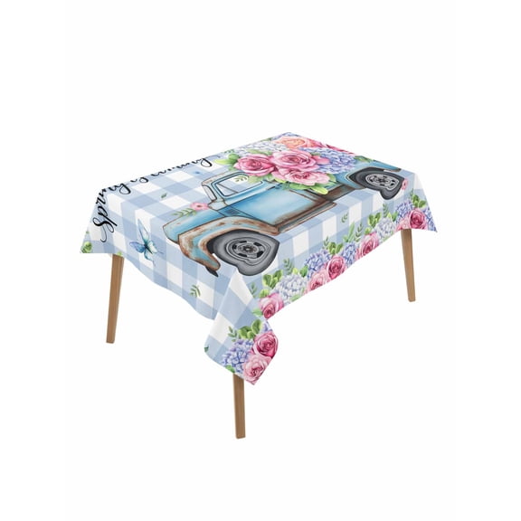 Spring Rectangle Tablecloth, Truck Botanical Rose Leaves Blue White Plaid Waterproof & StainResistant Tablecloth, Washable Oil-proof Table Cover for Dining/Party/Wedding/Camping/Buffet 52x70 In
