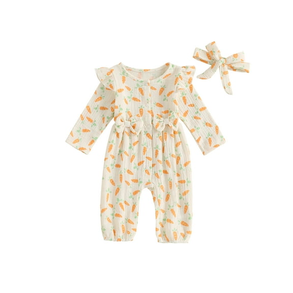 Newbron Baby Girl Easter Outfit 0 3 6 12 18 Months Carrot Bunny Print Long Sleeve Cotton Linen Jumpsuit Romper with Headband
