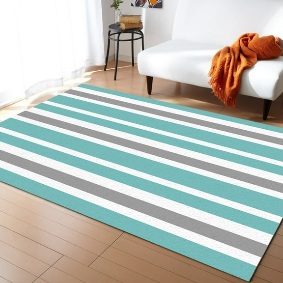 Geometric Area Rug 5'x7' Cyan Turquoise Gray White Geometric Stripes Washable Area Rugs Non Shedding Floor Carpet Rubber Backing Non-Slip Indoor Mats for Living Room Bedroom Kitchen