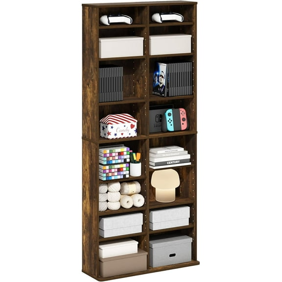 Jaya 16-Shelf Multimedia Media Storage Tower Rack with Adjustable Shelves, Amber Pine