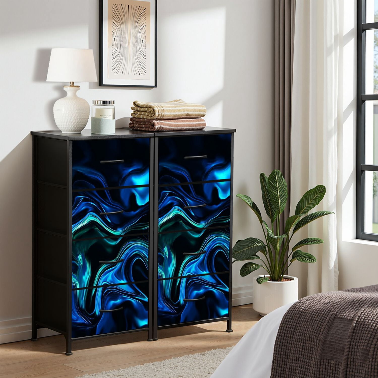 Boho Dresser for Bedroom with 4 Storage Drawers Marble Neon Blue Green Abstract Texture Black Multi Colored Paper Dressers Chest of Drawers Steel Framed Fabric Closet Organizers for Entryway
