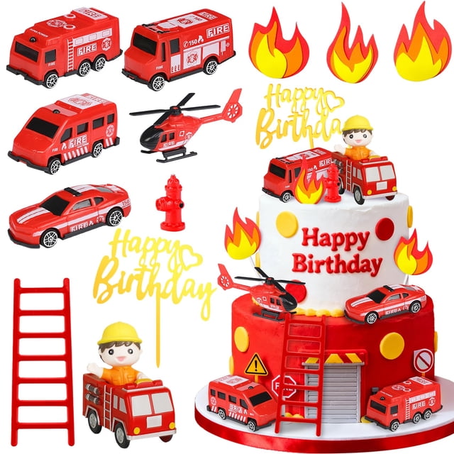 12 artículos para decoración de tartas, diseño de camión de bomberos, para fiestas de baby shower