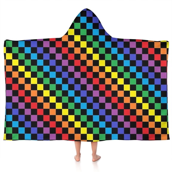 Colorful Rainbow Checkered Pattern Hooded Bath Towel,50"x30" for Ages 3 To 12 Kids, Quick Dry Lightweight Soft Microfiber Hood Beach Towel Cover Up for Kids