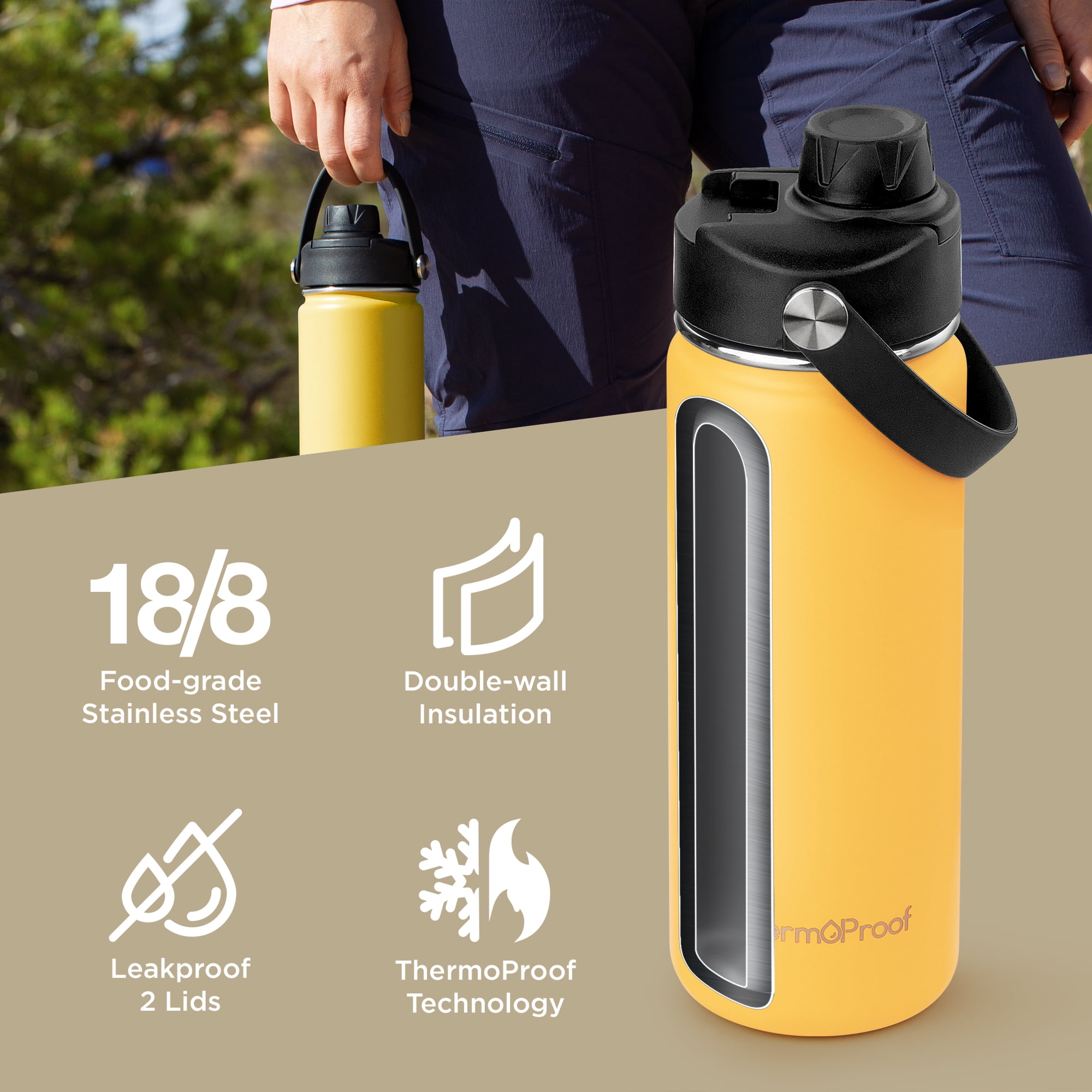 ThermoProof 18oz Amber Stainless Steel Insulated Water Bottle, Wide Mouth, Leakproof, Reusable, Dishwasher Safe