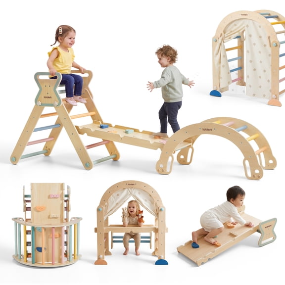 Lalalark Pikler Triangle Climbing Set, 7-in-1 Foldable Wooden Montessori Climber for Toddlers 1-3, Indoor Jungle Gym with Ramp, Arch, Ladder, Gift for Boys & Girls, Multicolor