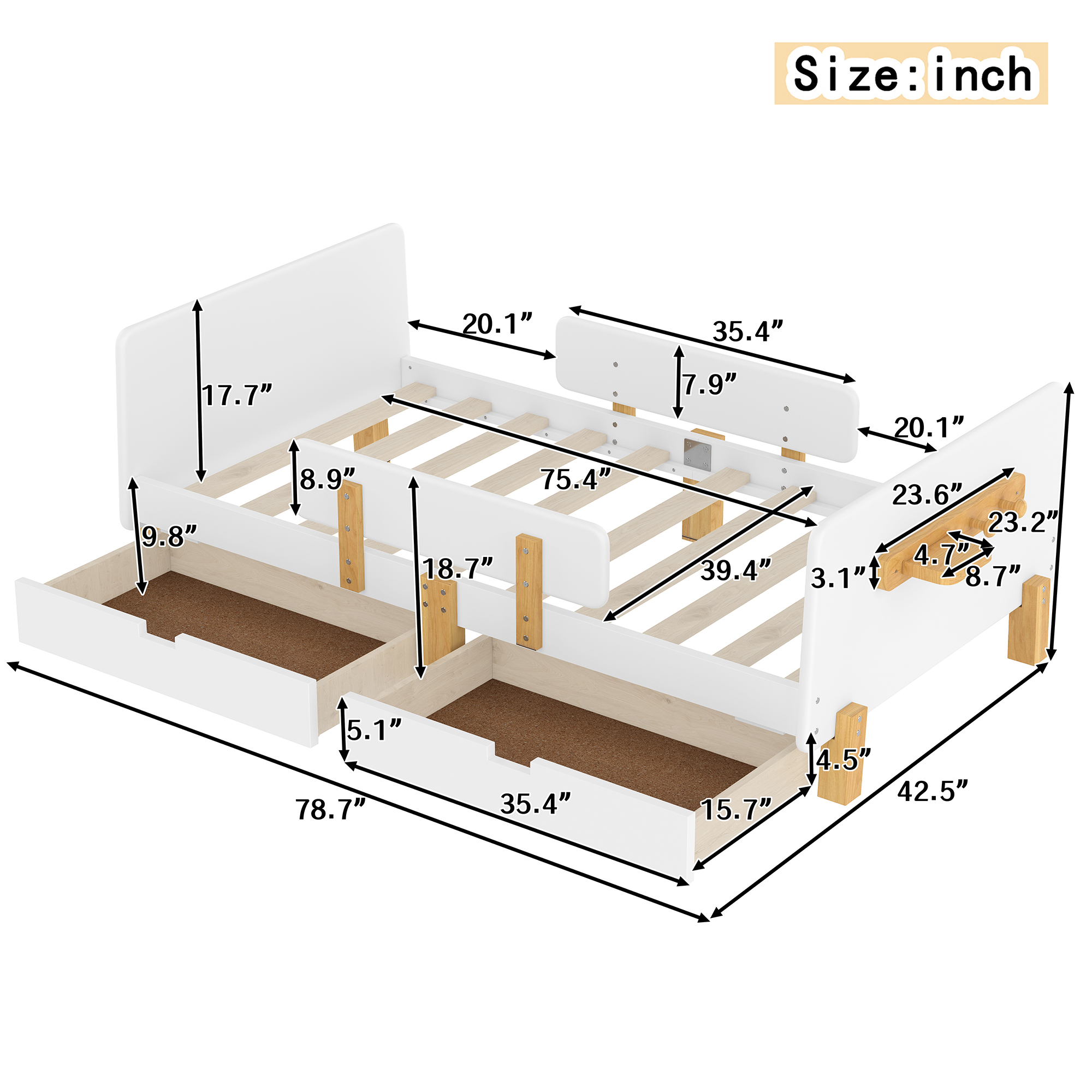 Miniyam Twin Bed with Storage Drawers, Guardrails, Footboard Shelf & Side Hooks for Kid, White