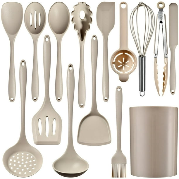 Juego de utensilios de cocina de silicona, 15 piezas, ideal para cocinar, juego de espátulas resistentes al calor, silicona de grado alimenticio con mangos de acero inoxidable, utensilios de cocina