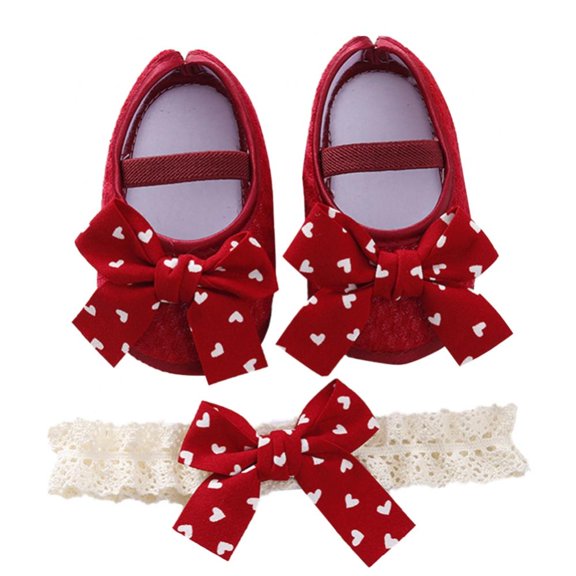 Infant Baby Girls Crib Shoes Soft Sole Slippers Bow Princess Newborn Dress Wedding Flat Shoes with Headband