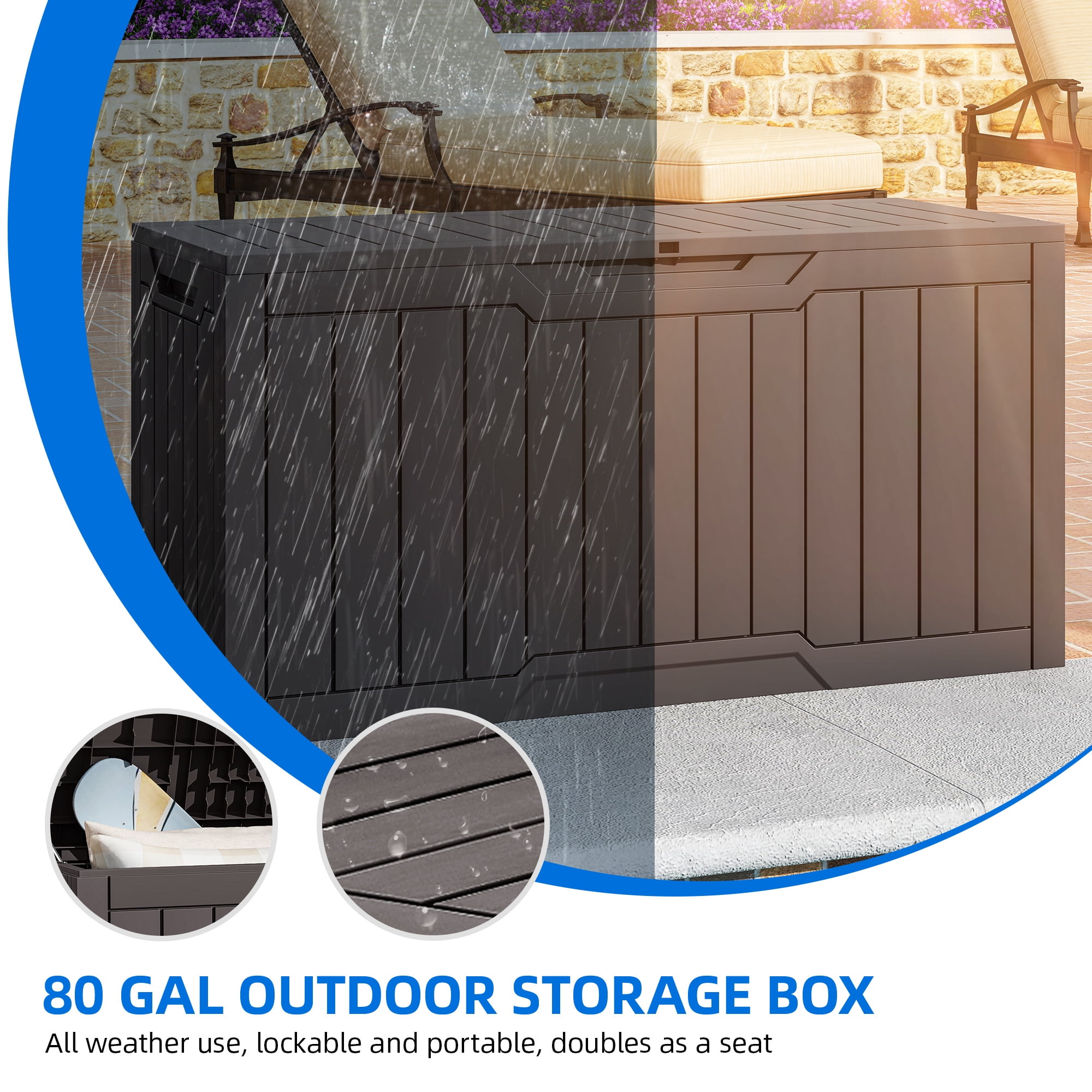 Dextrus 80 Gallon Large Resin Deck Box, Brown Waterproof Weather Resistant Outdoor Storage Box, Lockable Organizer for Patio Cushions, Garden Tools, Pool Accessories & Indoor Outdoor Essentials