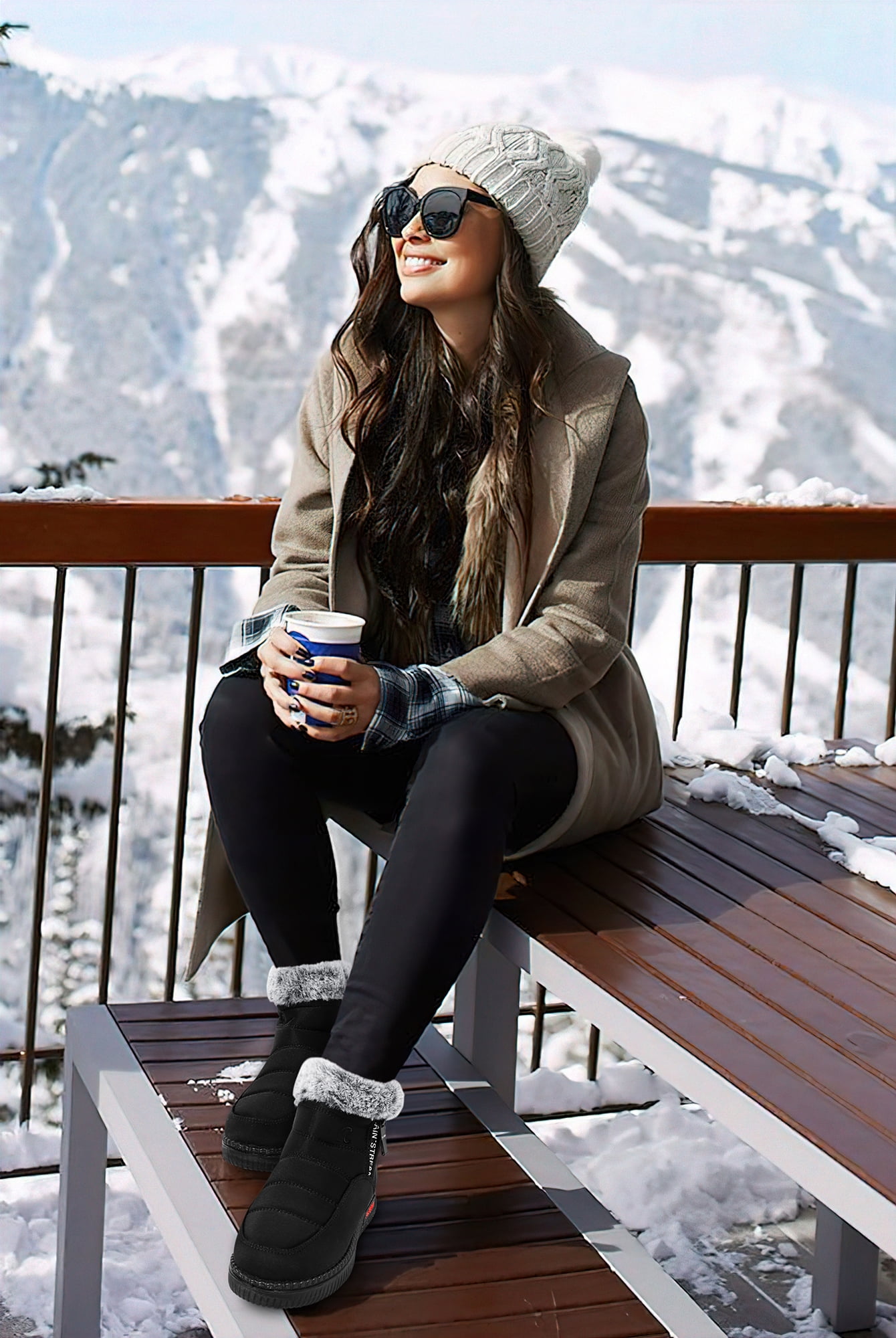LANREMON Womens Snow Boots Winter Warm Ankle Boot Waterproof Outdoor Faux Fur Lined Shoes for Women Black Hiking Boots Women Waterproof