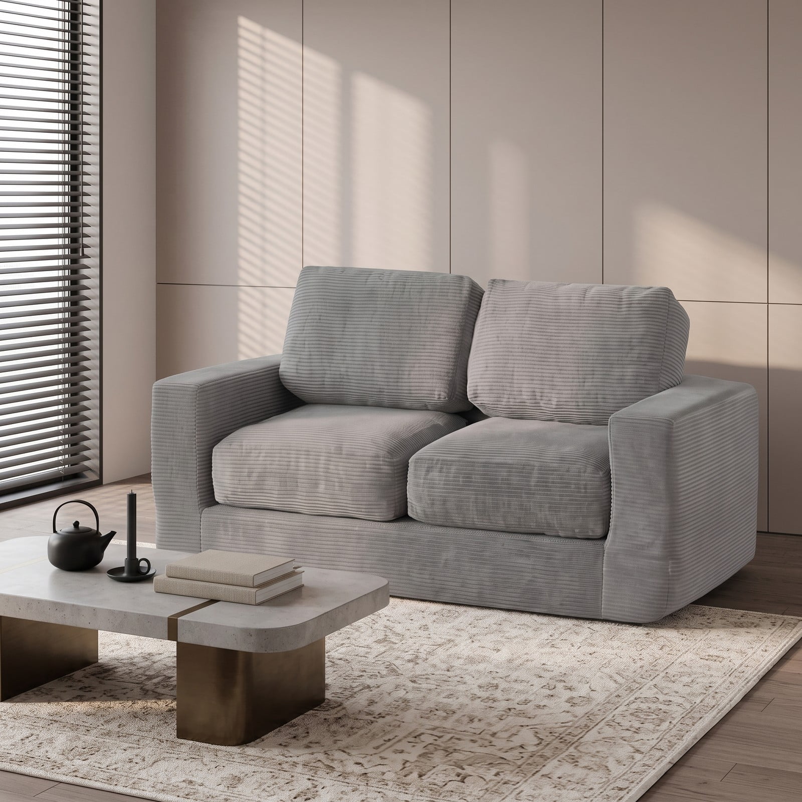 Furnibear 2-Seater Floor Couch Loveseat, Convertible Foam Sofa Lazy Couch with Removable Corduroy Cover, High-Density Sponge Filled Sofa Bed for Living Room, Gray