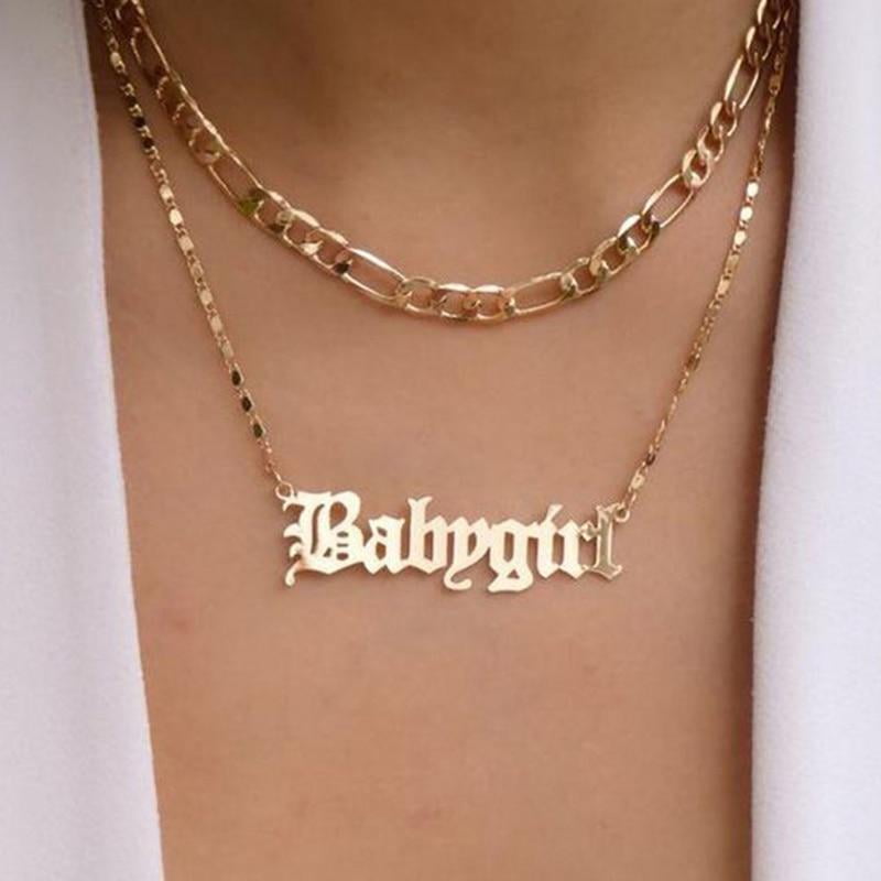 Fashion Cute Gold Babygirl Old English Double Layer Necklace Babygirl Monogram Pendants Lovely Gift, Women's, Size: One Size