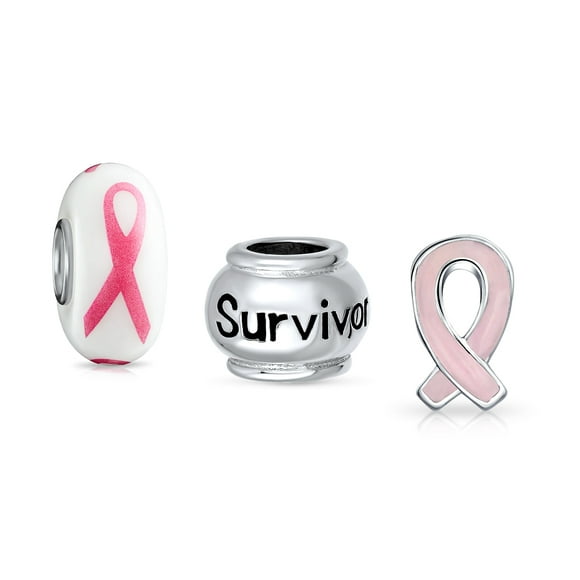 Breast Cancer Survivor Pink Ribbon Mix Set of 3 Sterling Silver Spacer Bead Fits European Charm Bracelet for Women